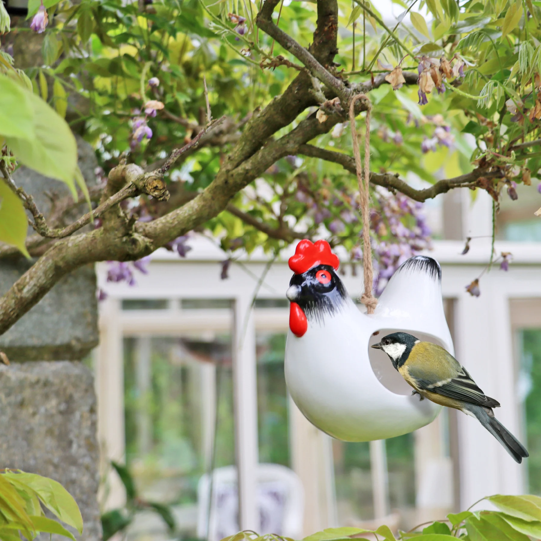 'Cluckie' hanging ceramic hen bird feeder - Image 3