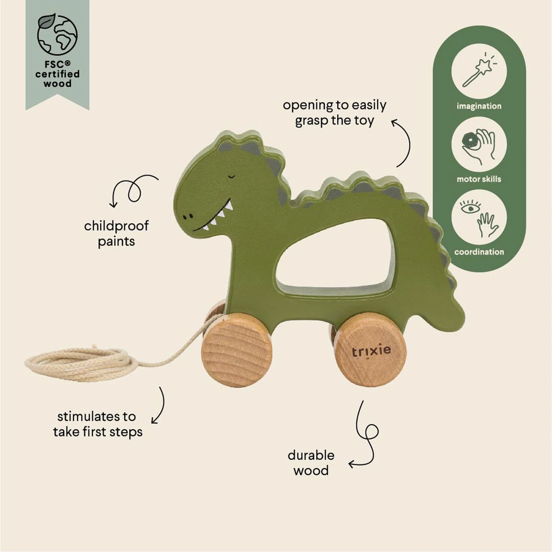 Wooden pull along toy - dino - Image 2
