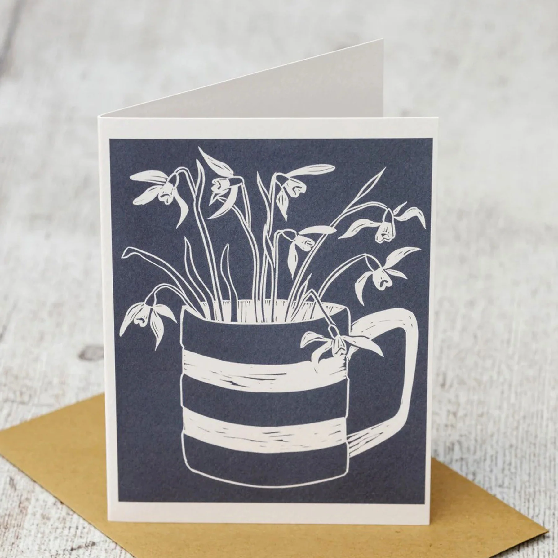 Snowdrops in Cornishware greetings card - Image 2